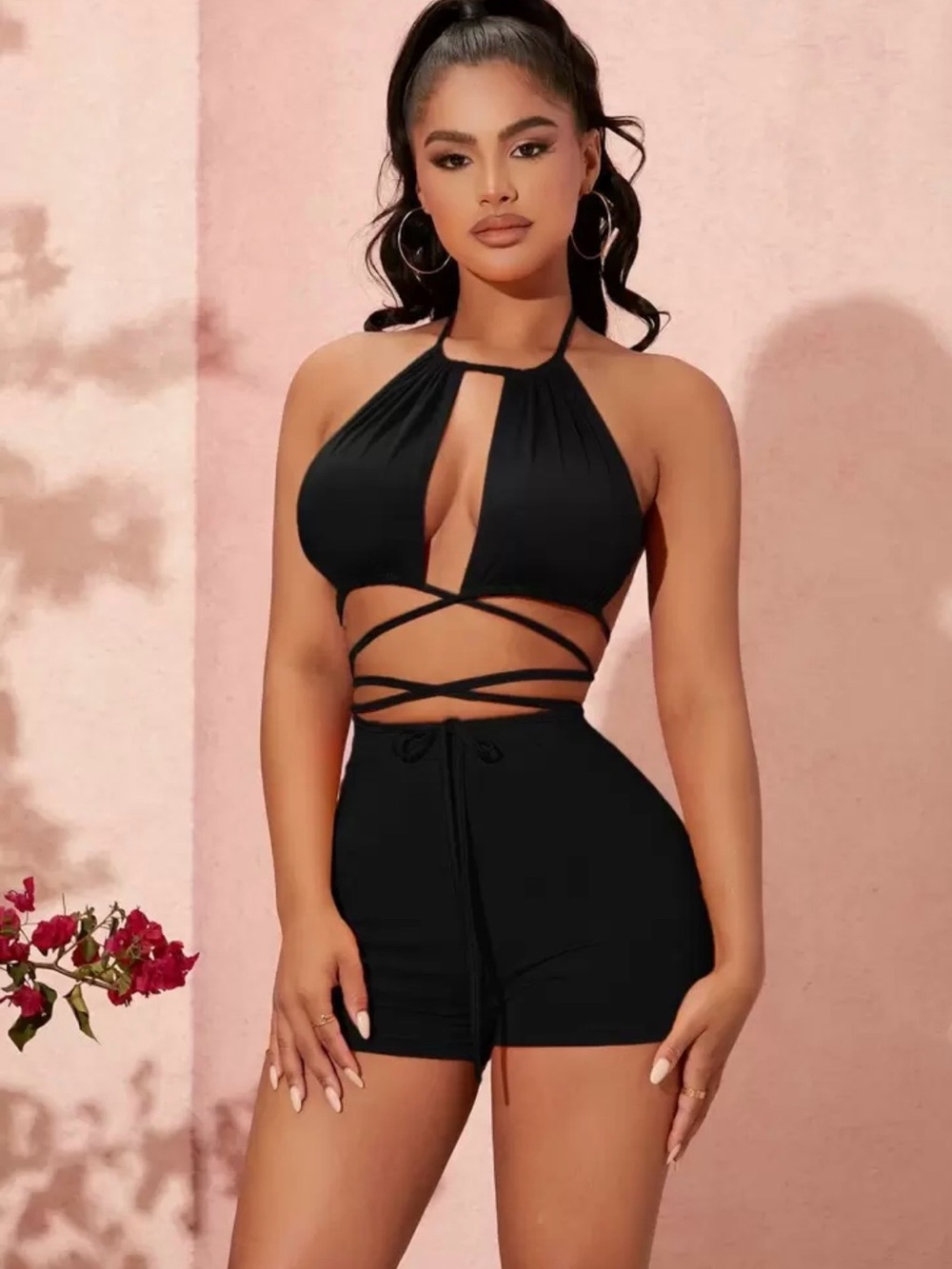 Sexy Tie Backless Crisscross Hem Crop Halter Top & Biker Shorts